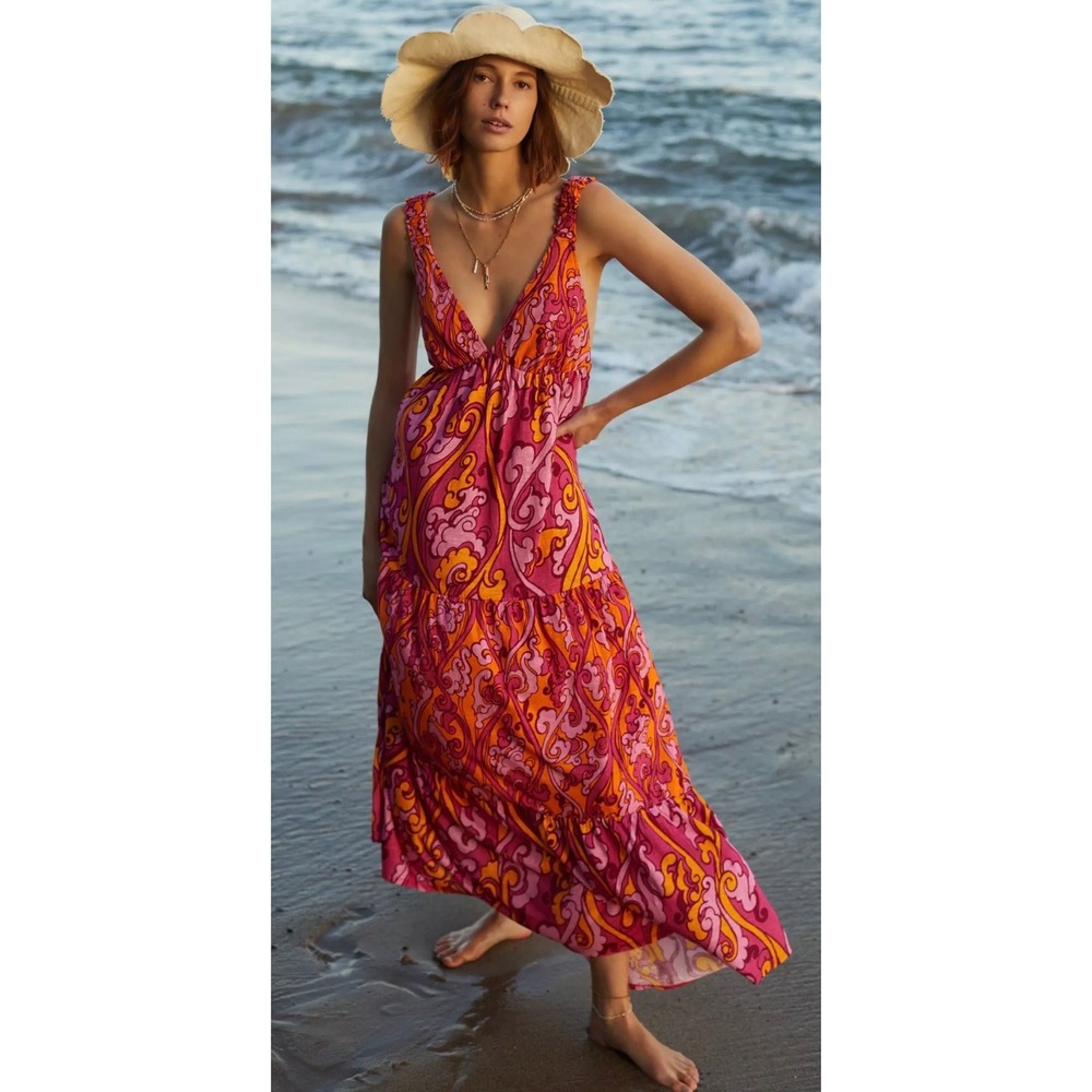 Maeve Anthropologie Eviana Shirred Paisley Linen Tiered Maxi Dress XS NEW